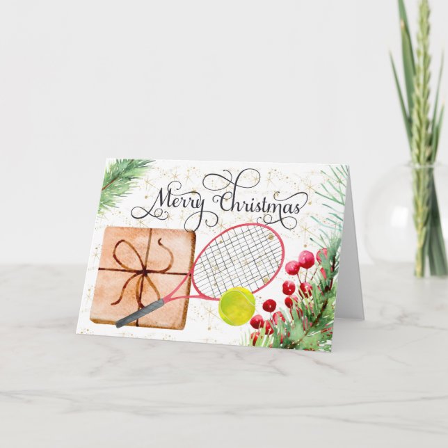 Tennis jul tennis boll Racket, vattenfärg Helgkort (Framsida)