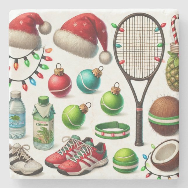 Tennis-jultema med racket och julhat stenunderlägg (Framsidan)