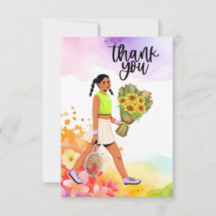 Tennis kvinnlig spelare med blommor tack kort