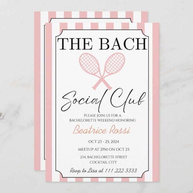 Tennis Land Klubb Bachelorette Helg Inbjudningar (Fram/baksida)