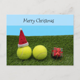 Tennis med Merry Christmas Santa-hatt på grönt Helg Vykort
