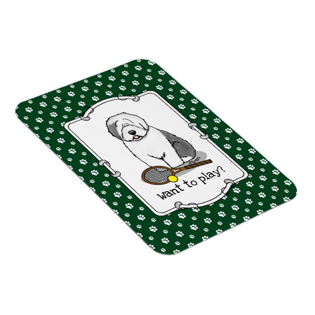 Tennis Old English Sheepdog (Grått 1) Hund Cute Magnet (Högersidan)