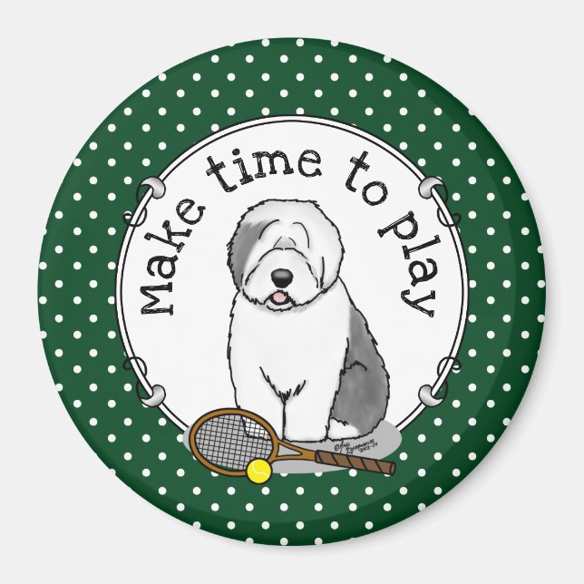 Tennis Old English Sheepdog (Grått 1) Hund Cute Magnet (Framsidan)