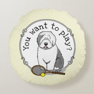 Tennis Old English Sheepdog (Grått 1) Hund Cute Rund Kudde
