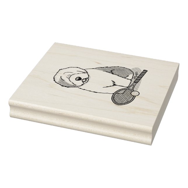 Tennis Old English Sheepdog (Grått 1) Hund Cute Stämpel (Stämpel)