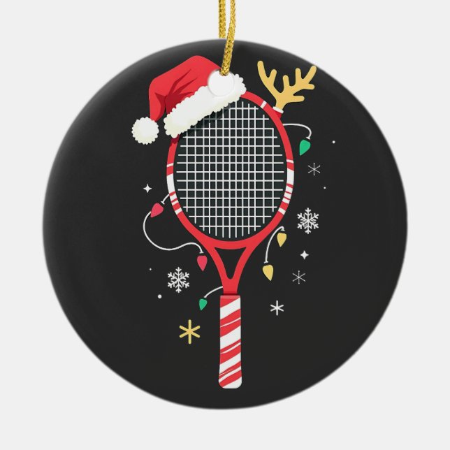 Tennis Paddle med Santa Hat och jul Ljus Julgransprydnad Keramik (Framsidan)