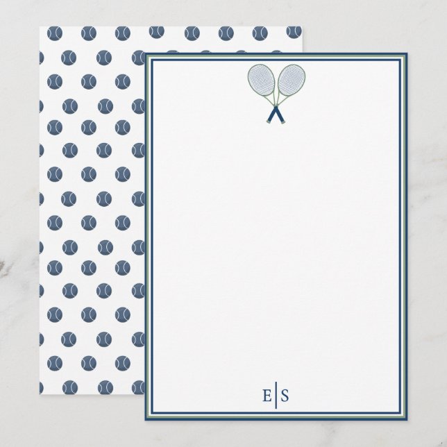 Tennis Pappersracket Prickmönster Monogram Blå Anteckningskort (Fram/baksida)