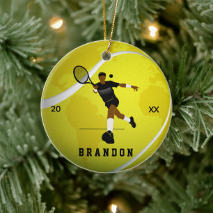 Tennis Player Illustration & Boys Kids Namn År Julgransprydnad Keramik