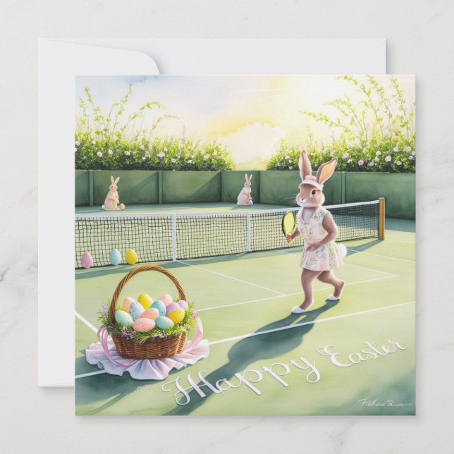 Tennis Rabbit Player Påsk Firande vid domstol Julkort (Framsida)