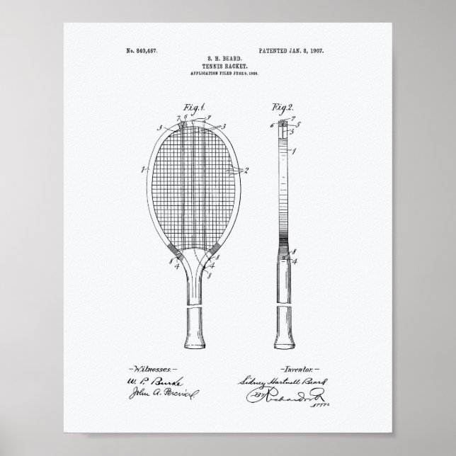 Tennis Racket 1907 Patent Art White Papper Poster (Framsidan)