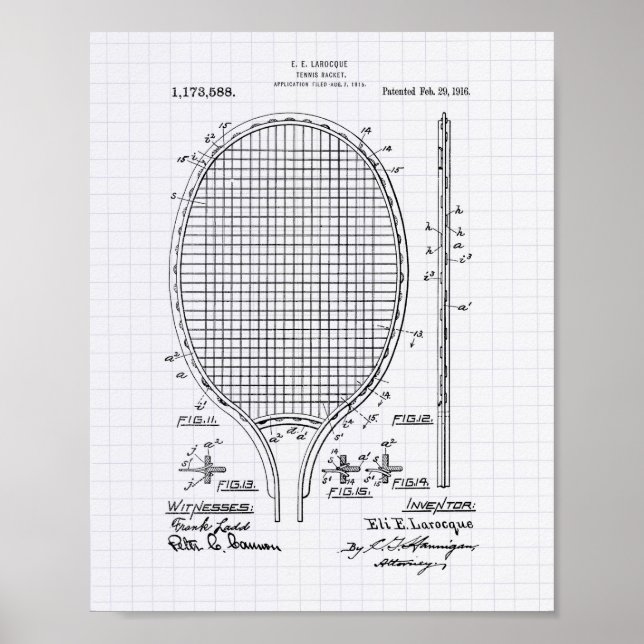 Tennis racket 1916 Patent Art - Lining Peper Poster (Framsidan)