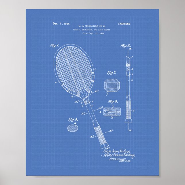Tennis Racket 1925 Patent Art Blue Poster (Framsidan)