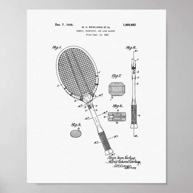 Tennis Racket 1925 Patent Art White Papper Poster (Framsidan)