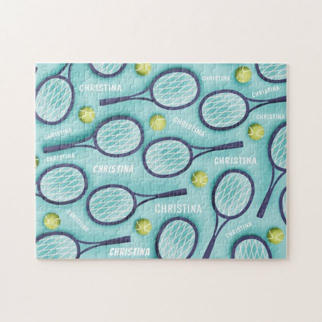 Tennis Racket Boll & Kids Namn Mönster Cute Sport Pussel (Horisontell)