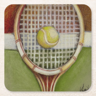 Tennis Racket med Boll Lutning vid domstolen Underlägg Papper Kvadrat