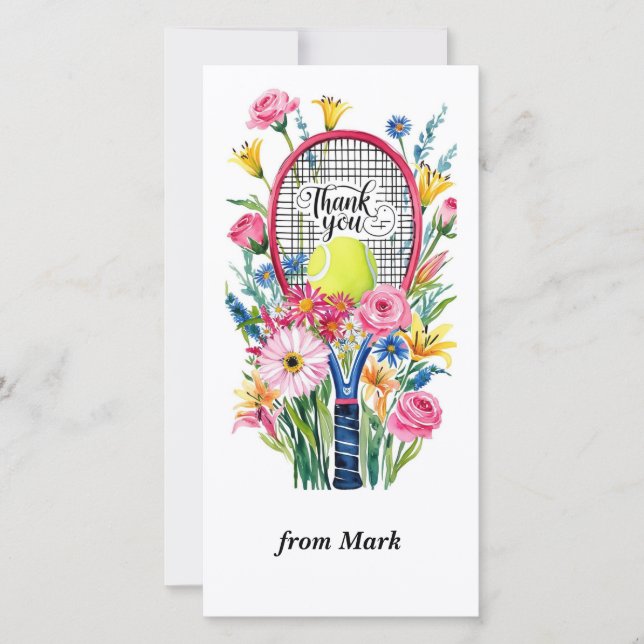 Tennis racket med boll och blommor, vattenfärg tack kort (Framsida)