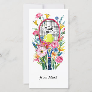 Tennis racket med boll och blommor, vattenfärg tack kort