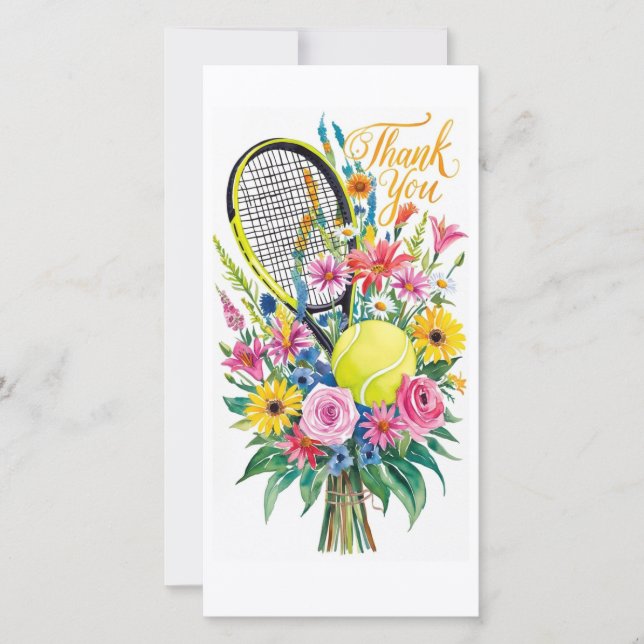 Tennis racket med boll och blommor, vattenfärg tack kort (Framsida)
