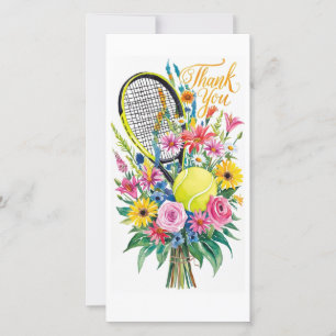 Tennis racket med boll och blommor, vattenfärg tack kort