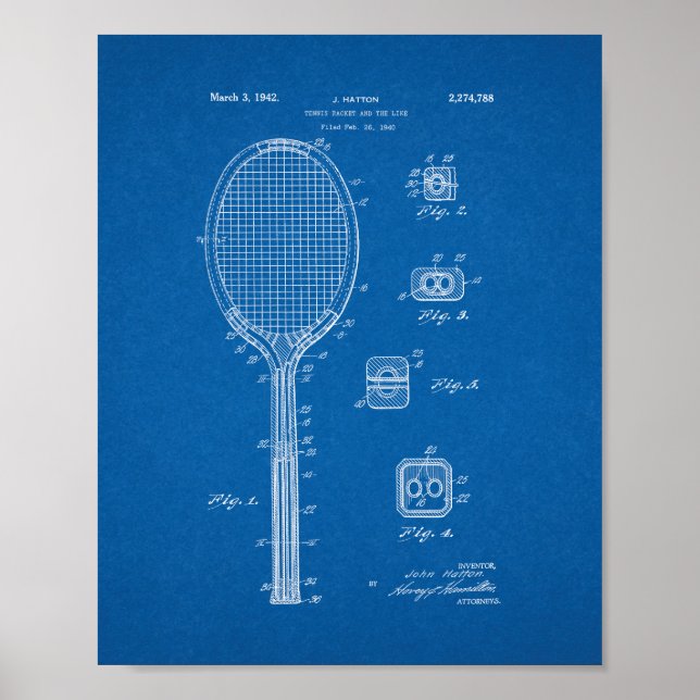 Tennis Racket o.d. Patent - blåkopia Poster (Framsidan)
