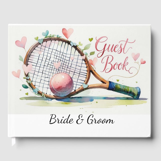 Tennis racket och boll med hjärta bröllop tema gästböcker (Framsida)