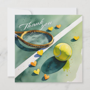 Tennis racket och boll med kärlek-röda hjärtan tack kort