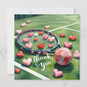 Tennis racket och boll med kärlek-rött hjärta tack kort