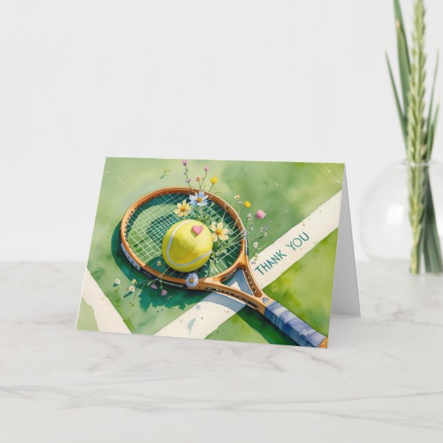 Tennis racket och boll med kärlek-rött hjärta tack kort (Framsida)