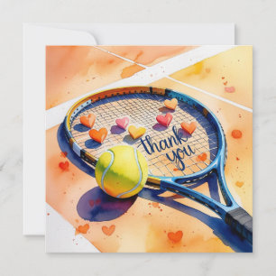 Tennis racket och boll med kärlek-rött hjärta tack kort