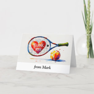 Tennis racket och boll med kärlek-rött hjärta tack kort