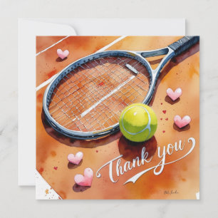 Tennis racket och boll med kärlek-rött hjärta tack kort