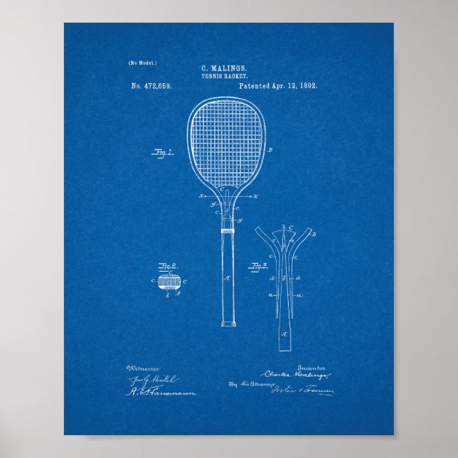 Tennis Racket Patent - Blueprint Poster (Framsidan)