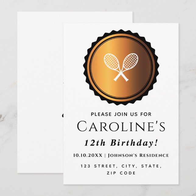 Tennis Rackets Guld & Black Elegant Players Party Inbjudningar (Fram/baksida)