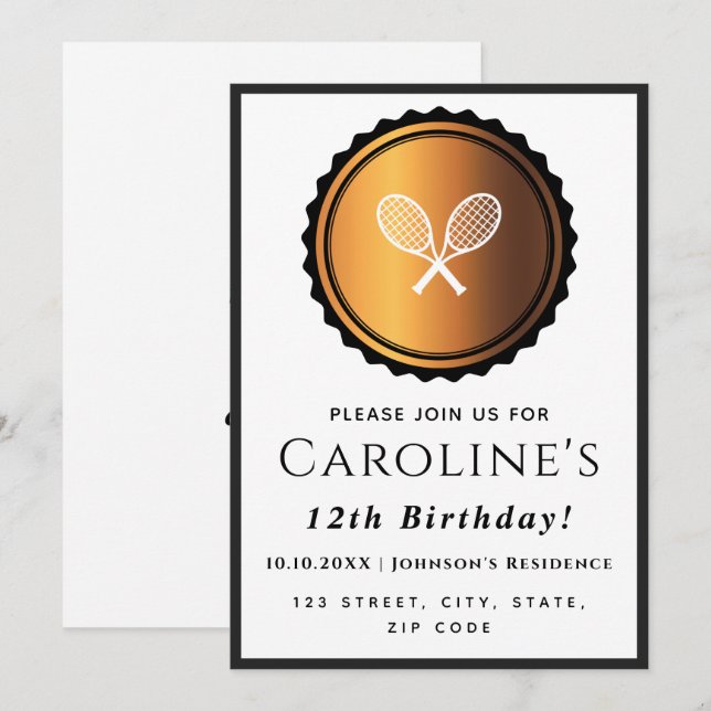 Tennis Rackets Guld & Black Elegant Sport Snyggt Inbjudningar (Fram/baksida)