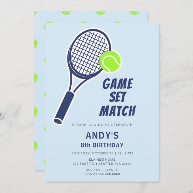 Tennis Racquet Blue Boys Birthday Inbjudningar (Fram/baksida)