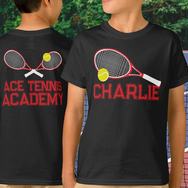 Tennis racquet och boll-röd, vit anpassningsbar t shirt (Skapare uppladdad)