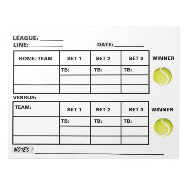 Tennis Score Pad - Tennis Score Lakan Anteckningsblock (Framsida)