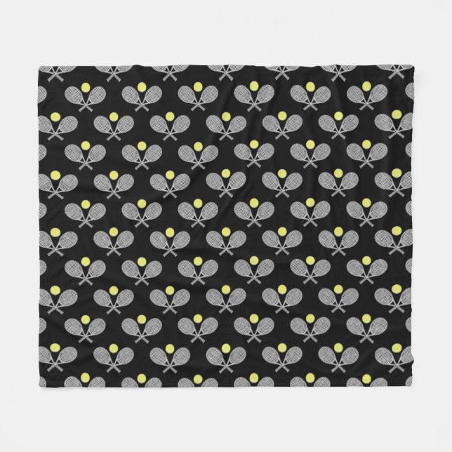 Tennis Seamless Pattern - Racket and Ball on Black Fleecefilt (Framsidan (Horisontell))