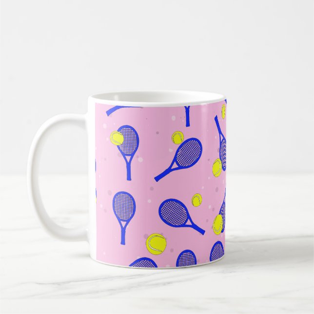 Tennis Sömlöst Mönster - Blå Rackethållare och Bol Kaffemugg (Vänster)
