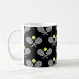 Tennis Sömlöst Mönster - Racketh och Boll på Svart Kaffemugg