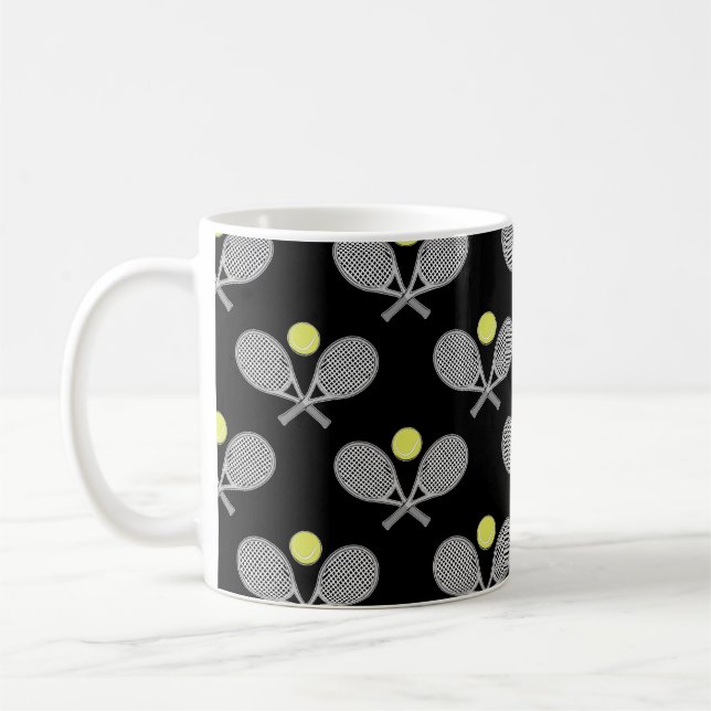 Tennis Sömlöst Mönster - Racketh och Boll på Svart Kaffemugg (Vänster)
