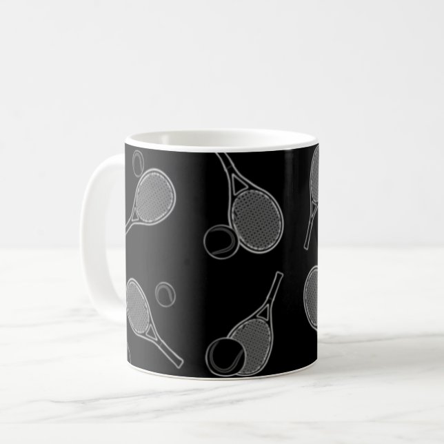Tennis Sömlöst Mönster - Racketh och Boll på Svart Kaffemugg (Framsida vänster)