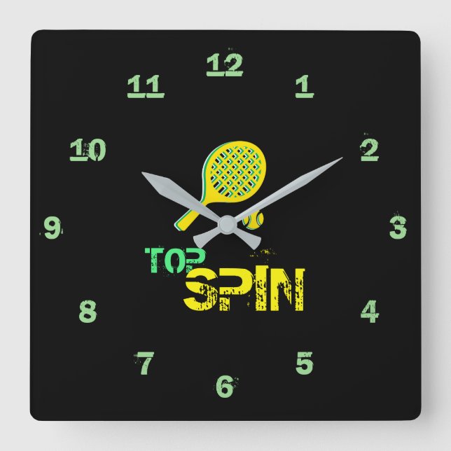 Tennis Sport Pop Art, Grönt & Gult Racket & Boll Fyrkantig Klocka (Framsida)