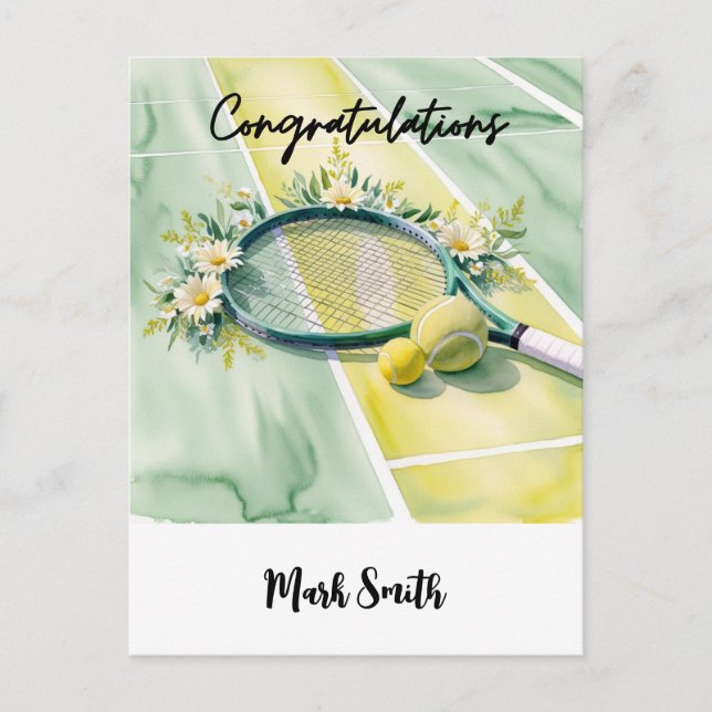 Tennis tema gratulations boll och blommor vykort (Framsida)
