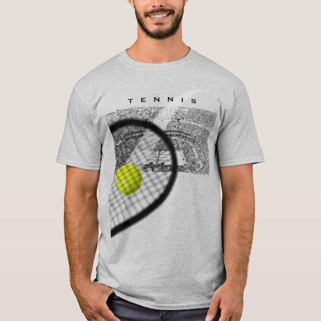 Tennis Tournament With Racket Hitting Ball In Moti T Shirt (Framsida)