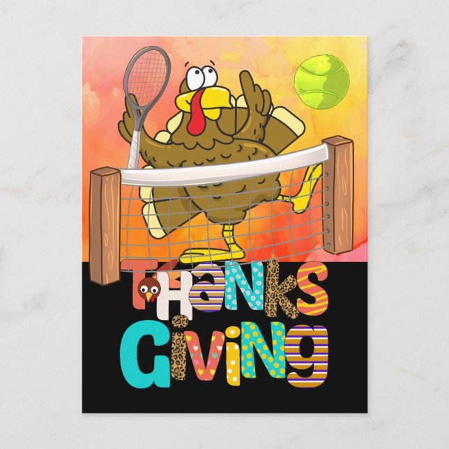 Tennis Turkey Thanksgiving lustig tecknad Helg Vykort (Framsida)