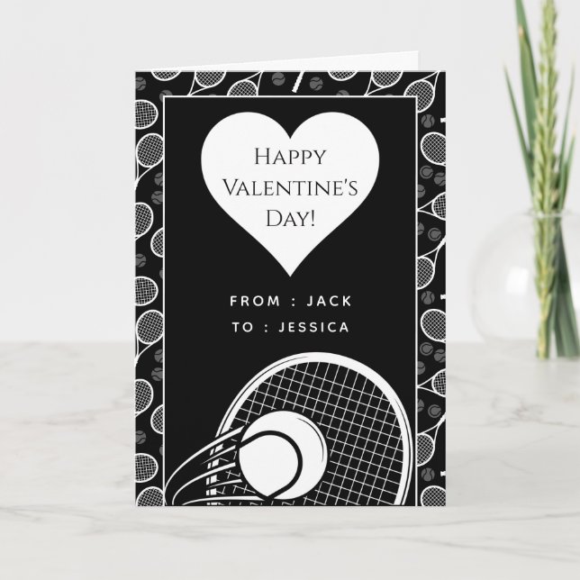 Tennis Valentines Day Black & White-Personlig Helgkort (Framsida)