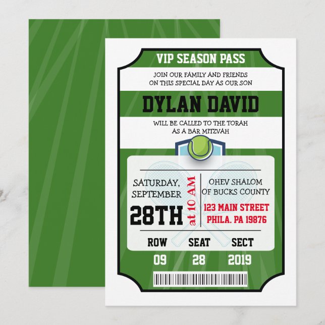TENNIS VIP-BILJETT Bar/Bat Mitzvah-inbjudan Inbjudningar (Fram/baksida)