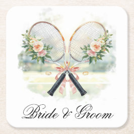 Tennis Wedding Racket with Flowers Bride & Groom  Underlägg Papper Kvadrat