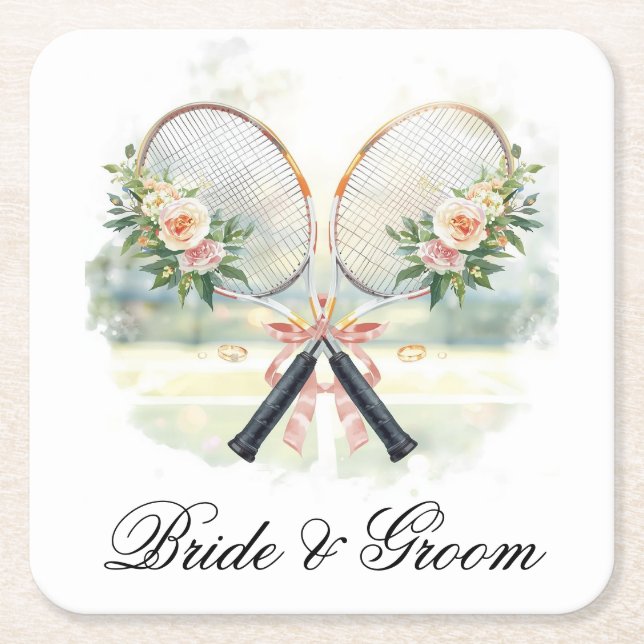 Tennis Wedding Racket with Flowers Bride & Groom  Underlägg Papper Kvadrat (Framsidan)